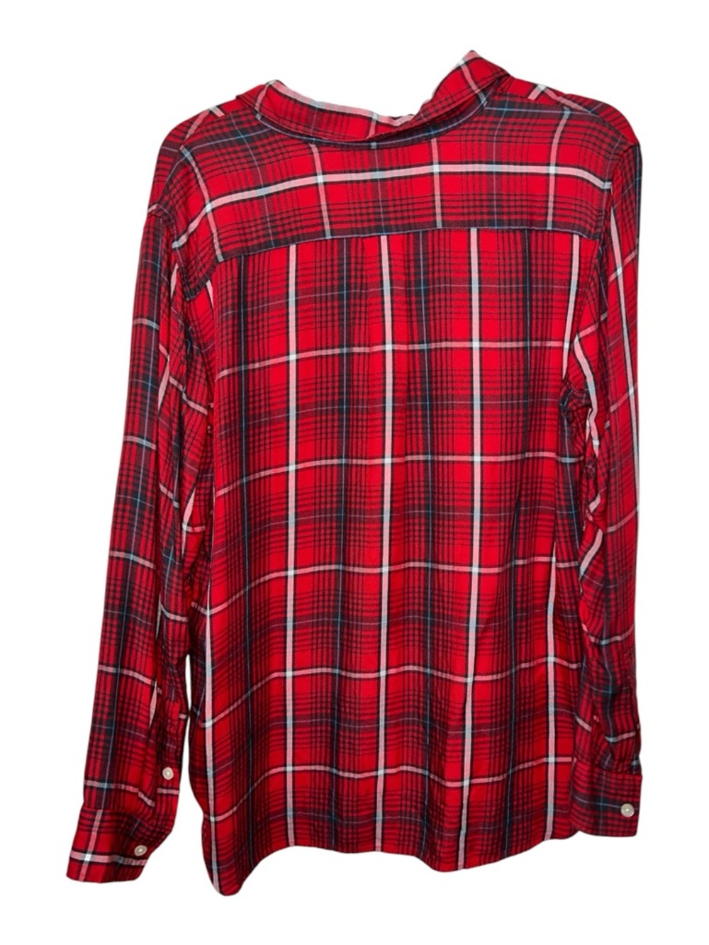 Levi’s Red Plaid Viscose High Low Blouse Size Large Lightweight Button Front - Picture 2 of 10